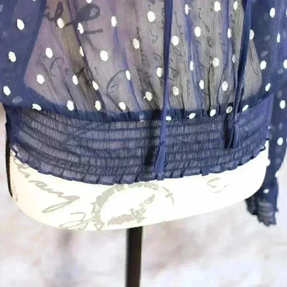 Women's Free People Size S navy blue polka dot embroidered sheer shirt - Picture 4 of 14